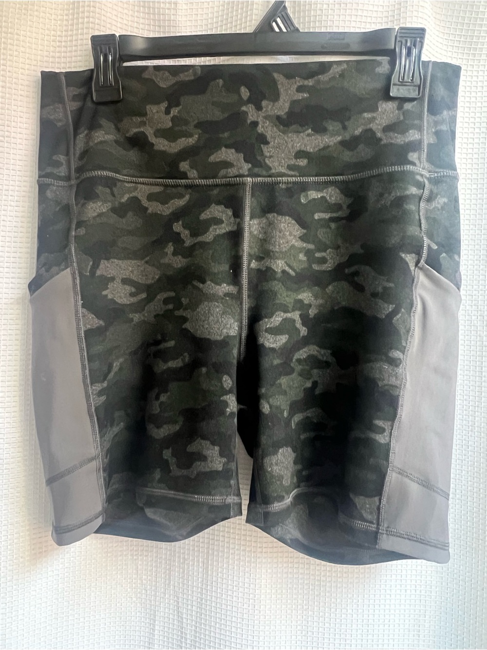 Fabletics Women's Camo Athletic Shorts with Gray Side Panels